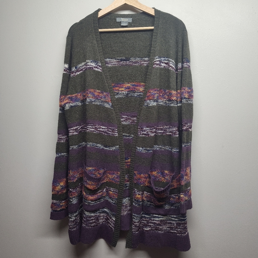 Cozy Olive & Purple Striped Open-Front Cardigan Sweater